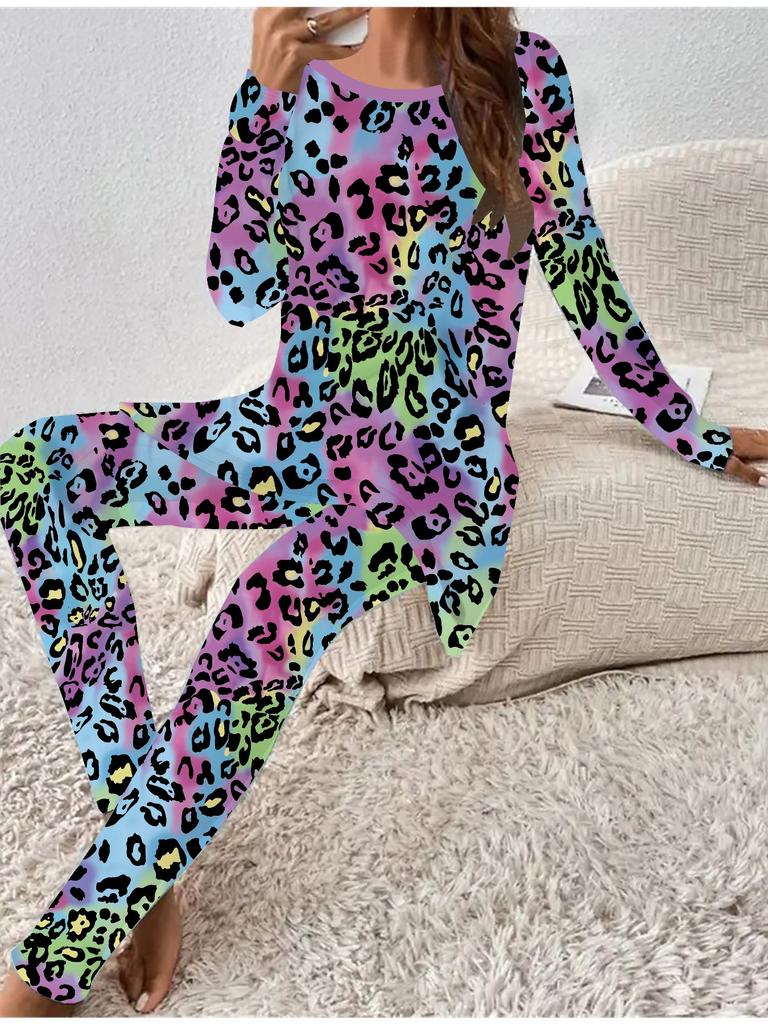 Euro-American Fashion 3D Leopard Print Women's  Four-season Long-sleeved T-shirt + Long Pants Two-piece Set. Perfect Gift