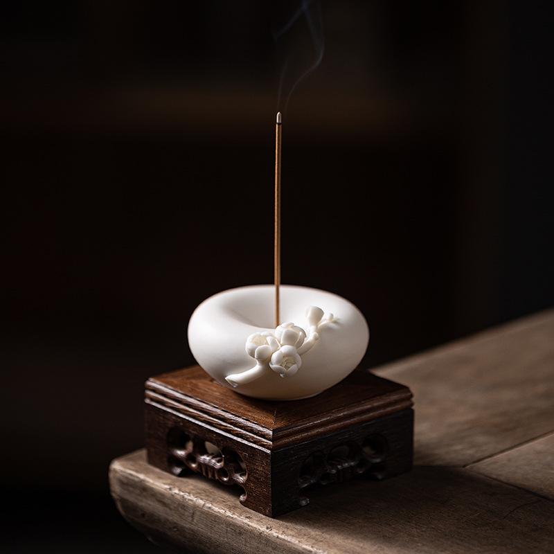 White Porcelain Plum Blossom Incense Holder: Handmade Vertical Stand for Indoor Use