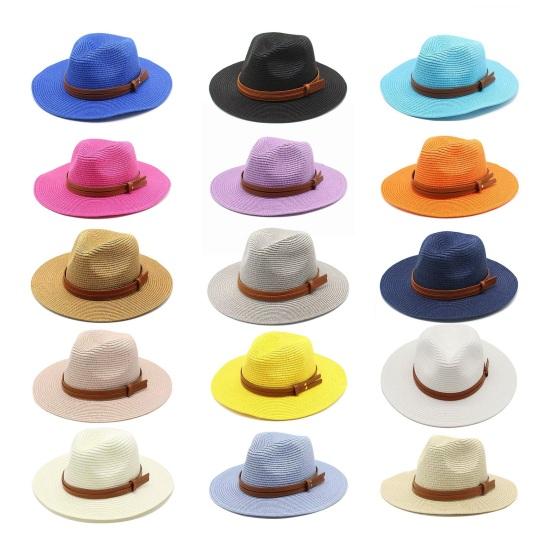 Summer Straw Hat Foldable Wide Brim Sun Hat with Faux Leather Strap Decor Adjustable Size Lightweight Outdoor Travel UV Protection Hat