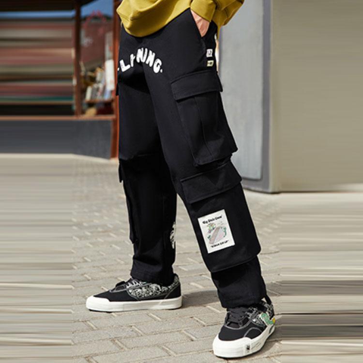 Li-Ning X Steven Harrington Cartoon Alphabet Pattern Loose Casual Cargo Pants Men Bottoms Black AKXR609-2