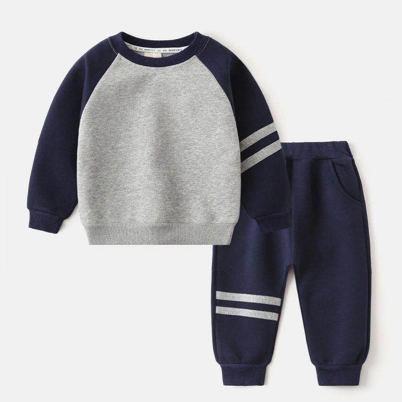 Kids Suit Spring and Autumn Boy s Hoody Pants Baby Boy Color Matching Two-piece Set Sports Long Sleeves Pants Clothes Gray Suit 100