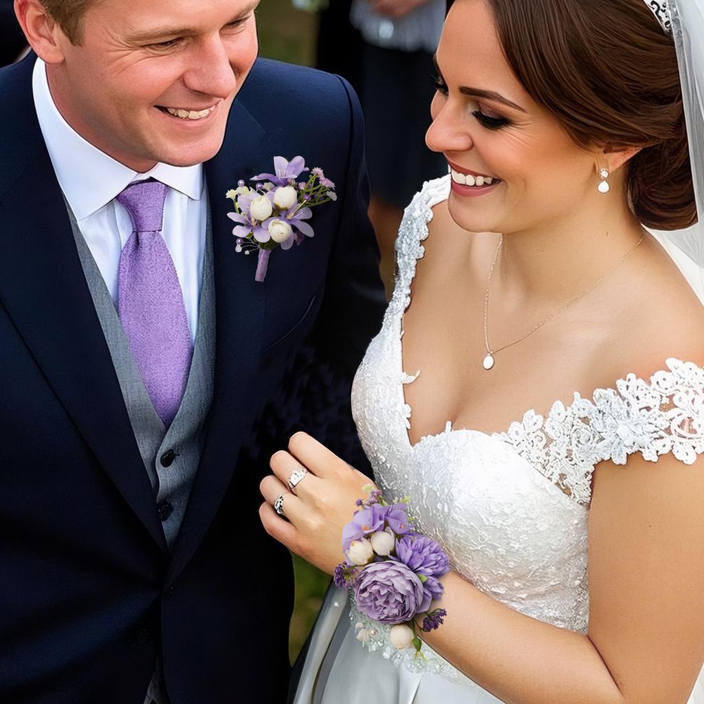 8PCS Purple Artificial Wedding Flowers Set Bridal Bouquet Boutonnieres Corsage for Wedding Ceremony Anniversary Prom Decor