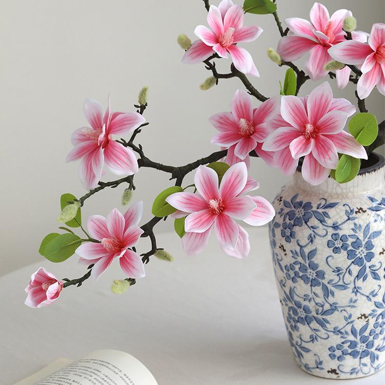 New Chinese Style Hand-Feel Magnolia Artificial Flower Stem for High-End Living or Dining Room Display