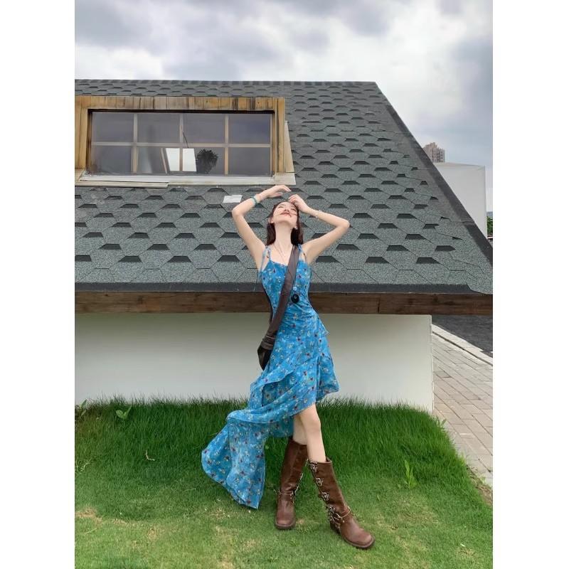 Holiday Style Retro Floral Suspender Dress Women's Summer Design Sense Irregular Long Dress Waist Thin A-shaped Skirt