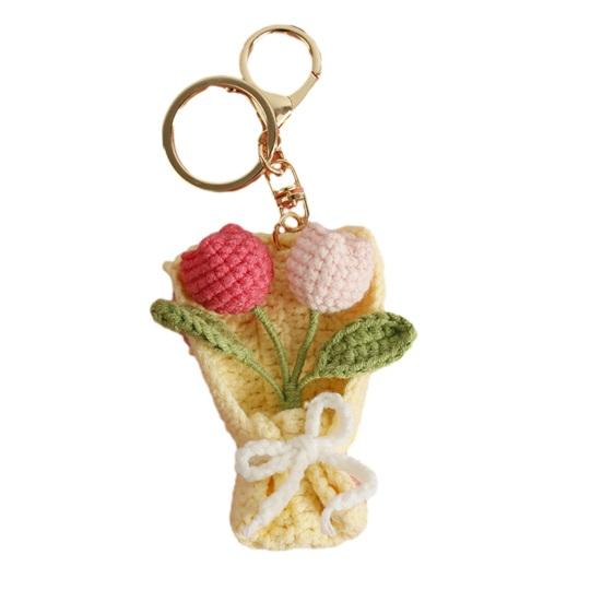 Keychain Pendant Hand Crocheted Flower Key Chain Colorful Yarn Roses Sunflower Charm Key Holder Bag Car Key