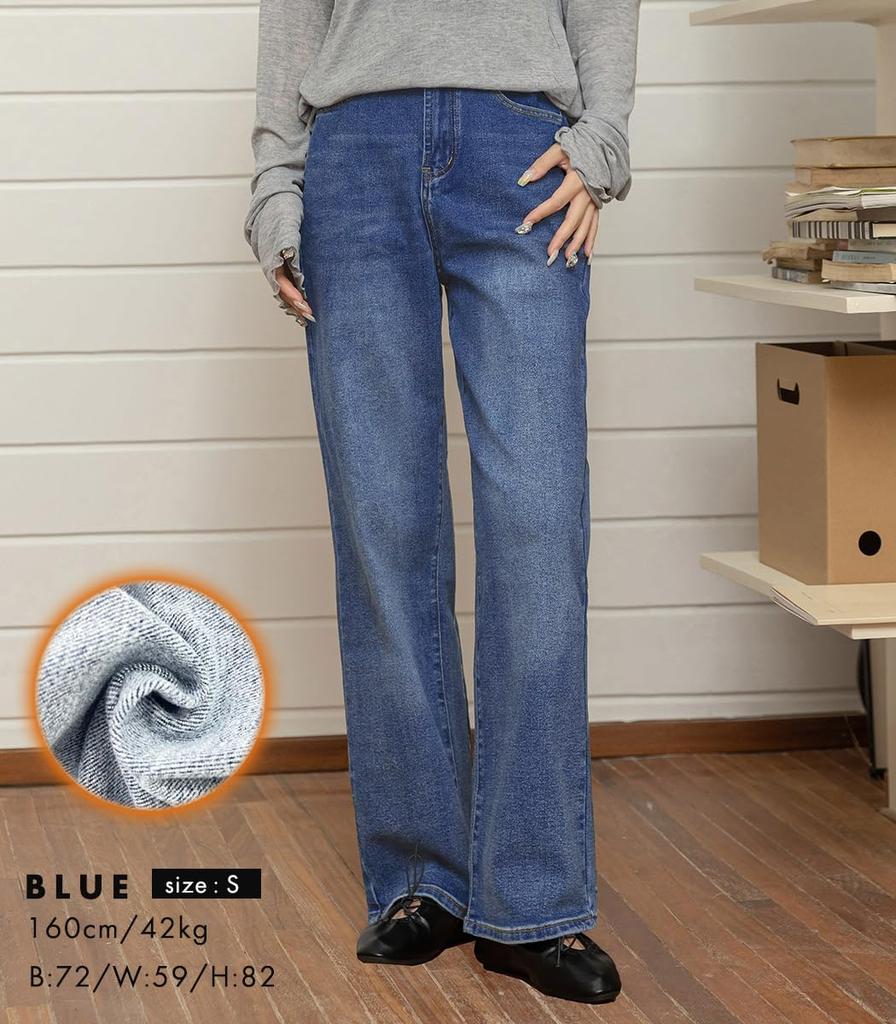 DAYCLOSET Slightly Brushed Denim Pants with Straight Fit and Adjustable Winter Pants661 Women's Warm, Waist, Bottoms, (JP, Alphabet, M, Blue)
