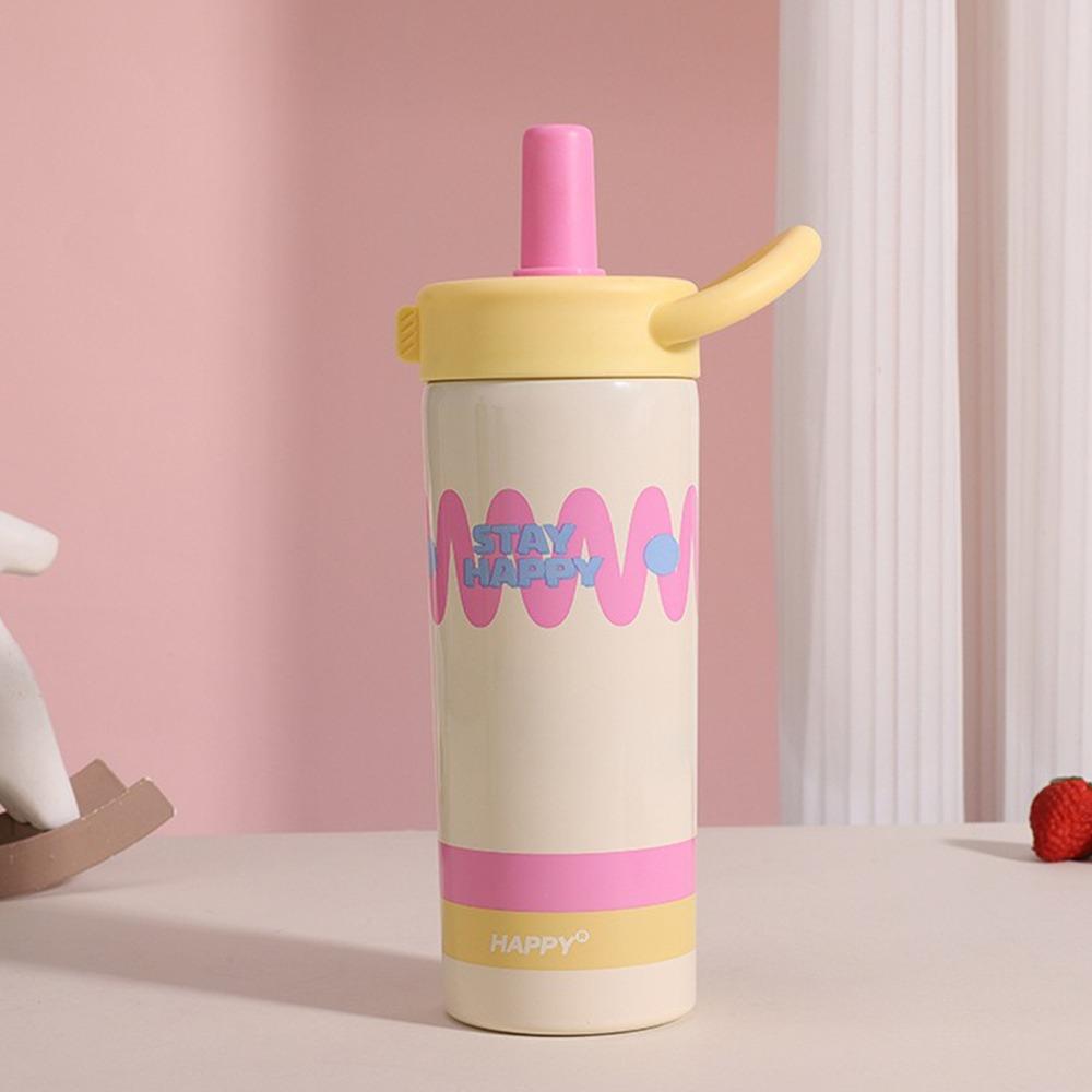 Durable 600ml Water Cup Stainless Steel Leak-proof Cartoon Insulated Cup Large Capacity Double Drinking Straw Cup