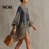 Lantern Sleeve Dress Boho Floral Print High Neck Irregular Chiffon Mini for Women, Puff Long Flowy Party Cocktail Dress, Summer Beach Vacation