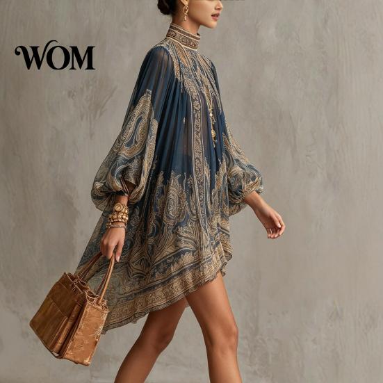 Lantern Sleeve Dress Boho Floral Print High Neck Irregular Chiffon Mini for Women, Puff Long Flowy Party Cocktail Dress, Summer Beach Vacation