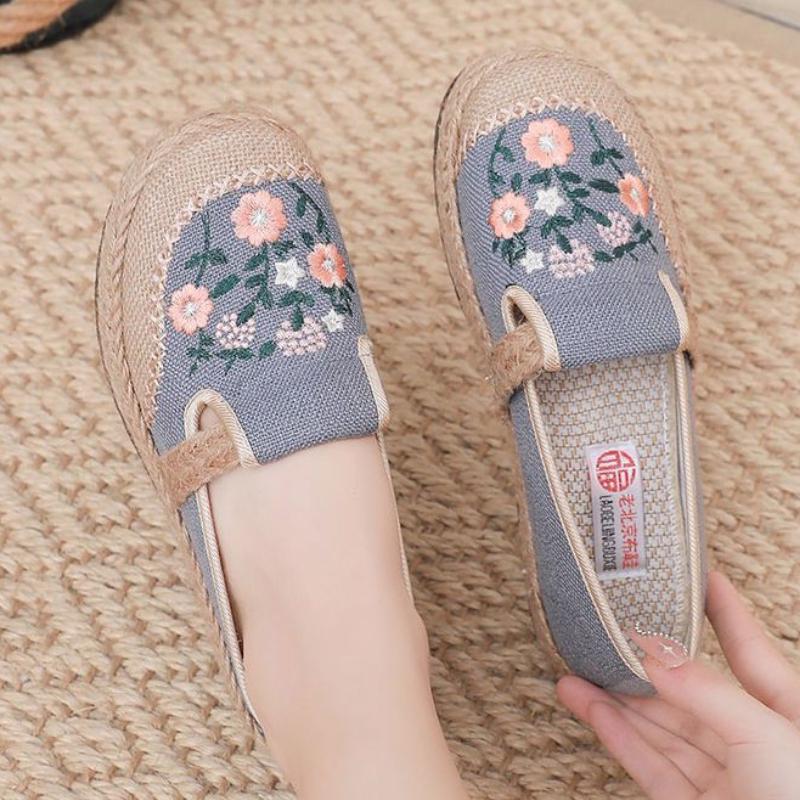 Aesthetic Comfortable Linen Weaving Slip On Embroidered Shoes for Women New In High Quality Summer Casual Cheap Woman Footwear