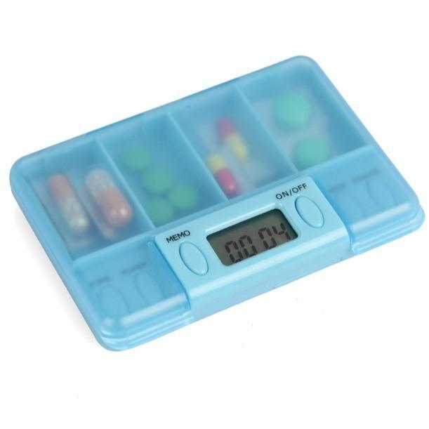 Portable 4 Compartment Smart Pill Box with 8 Group Alarm Reminder for Travel Home Medication Pills Organizer