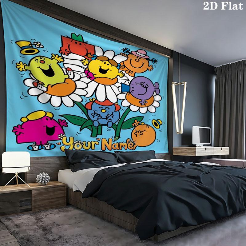 Mr. Men Little Miss Custom Name Wall Tapestry Aesthetic Wall Hanging Printed Fabric Blanket Decorative Tapestries for Bedroom Living Room Home Decor