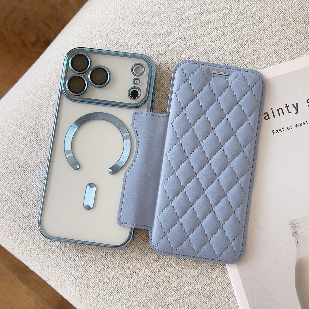 Applicable To iPhone17 Magnetic Mobile Phone Case Rhombus Flip Card Leather Case 17pro Electroplating 17 Anti-drop Protective Case