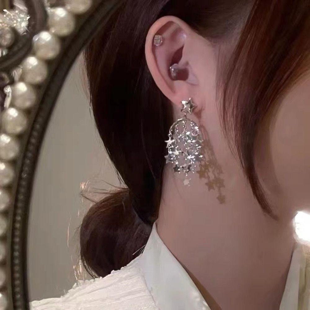 

Silver Dangle Earrings Tassel Ear Drop Temperament Star Earrings Daily Wear серебряный