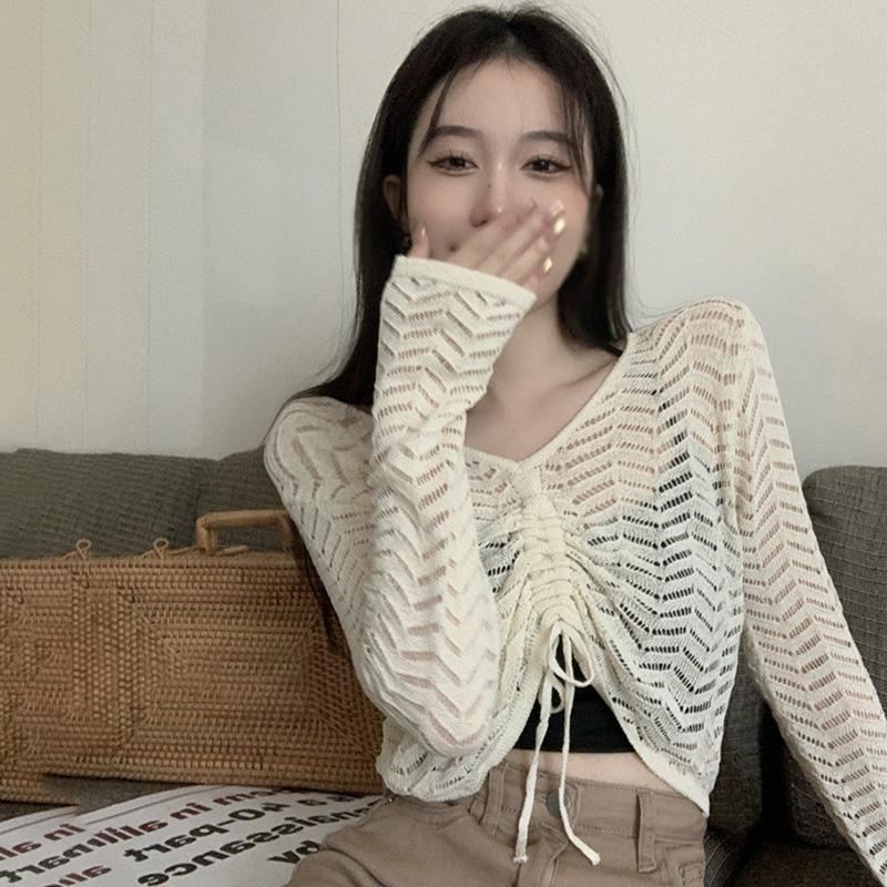 Sun Protection Shirt Top Blouse Pullovers Long Sleeve Drawstring Women's Knitted Tops