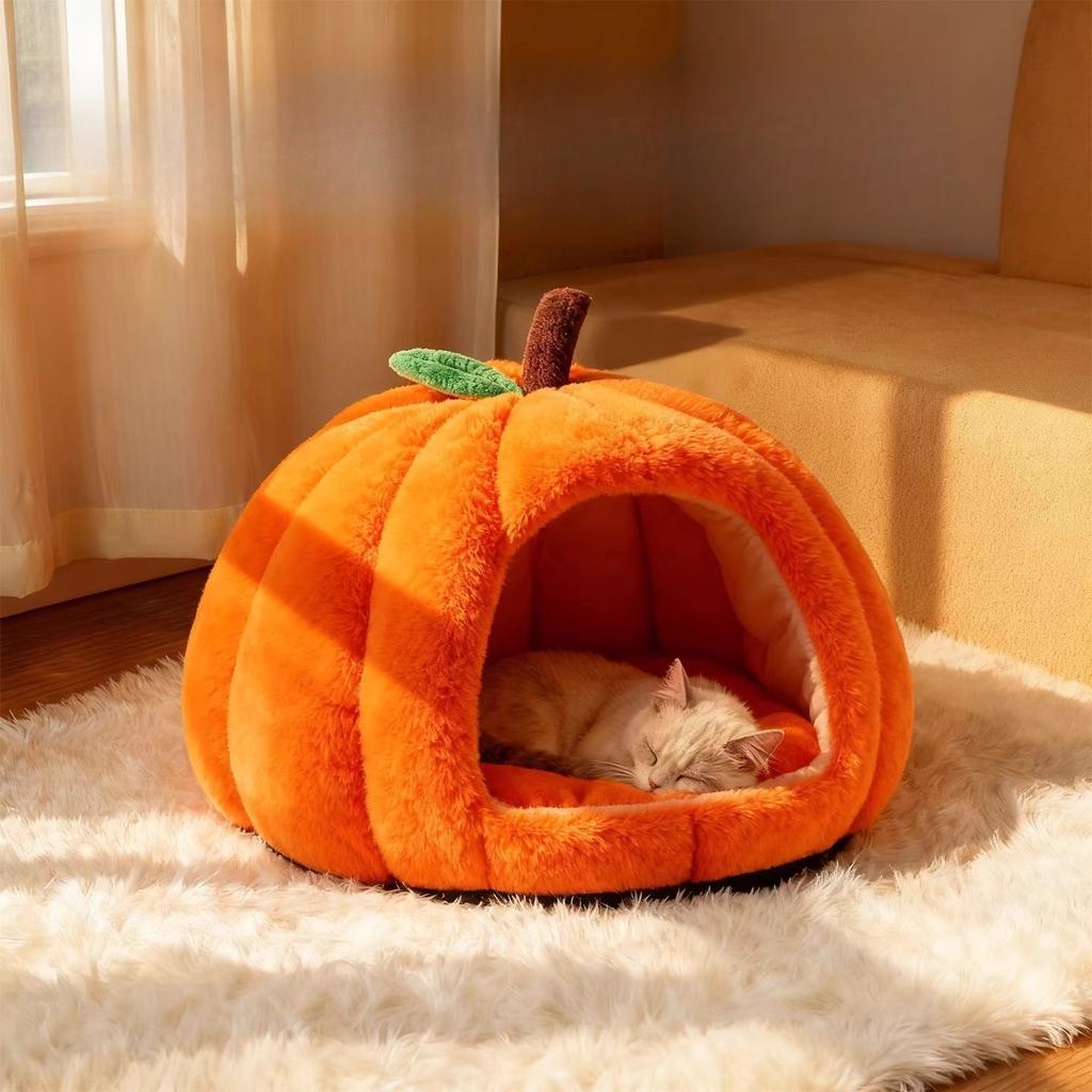 Pumpkin Shaped Cats Bed Autumn and Winter Cat Accessories Semi Enclosed Thermal Insulation Pet Dog Cat's House Pet Supplies Gift