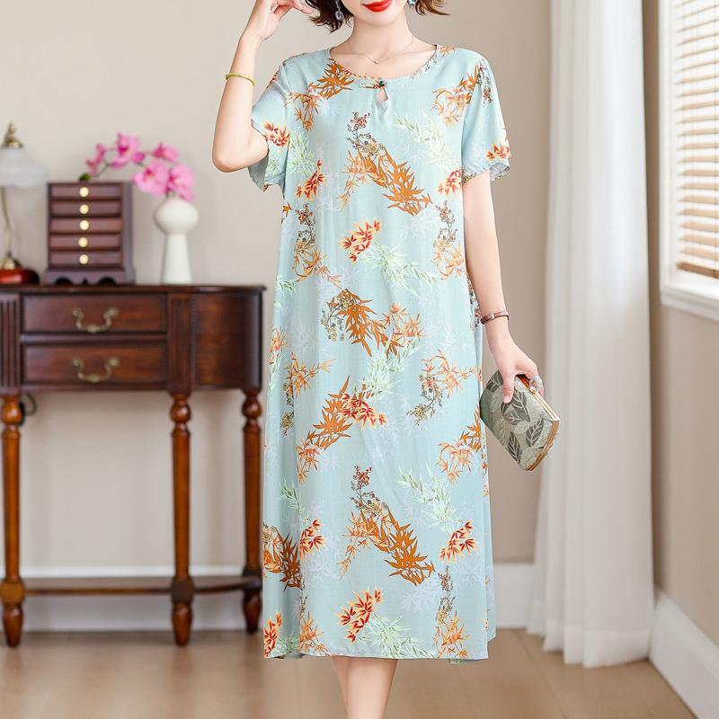Elegant Long Dresses for Women Plus Size Loose Short Sleeve Vintage Dress Summer Middle-aged Women's Clothing