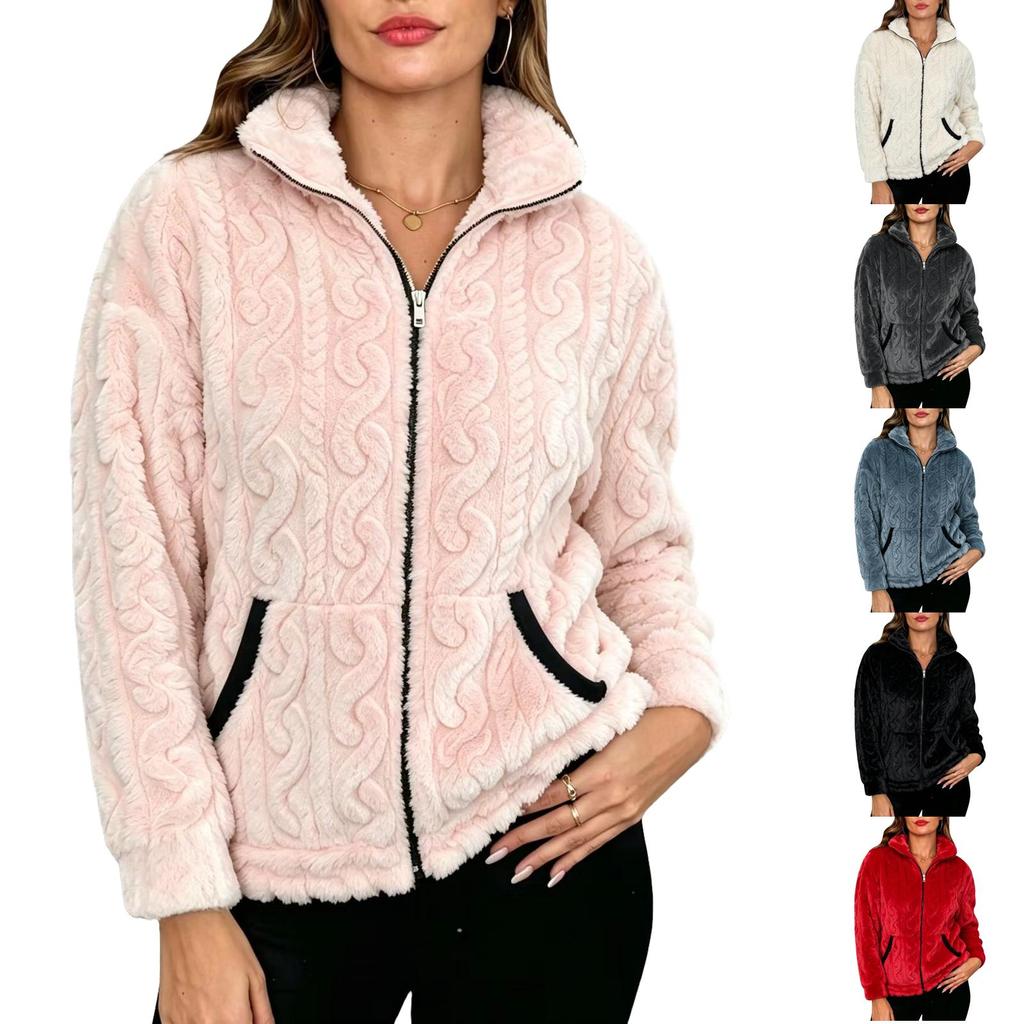 Women's Zip-Up Cardigan Soft Plush Warm Outerwear with Pockets for Fall and Winter