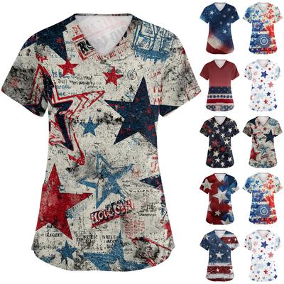 Women's Fashionable V-Neck Short-Sleeved Work Top With Pockets And Independence Day Print  Uniform