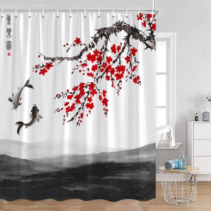 Japanese Style Flowers Bird Shower Curtain Beautiful Girl Red Floral Abstract Mountain Ink Art Landscape Decor Bathroom Curtains