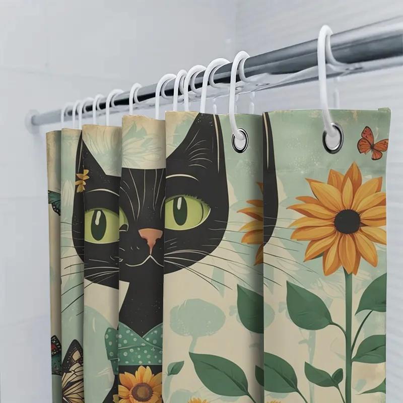 Vintage Chic Black Cat Shower Curtain With Sunflowers Perfect Bathroom Decor Gift For Her