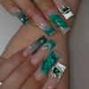 Gradient Sweet Floral Glitter Green Press-On Nails – Long Water Pipe Shape