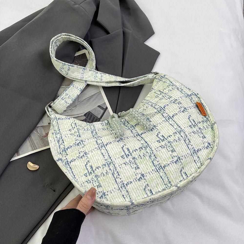 Plaid Half-moon Shoulder Bag Handbag Canvas Dumpling Bag Simple Hobos Crossbody Bag Girls