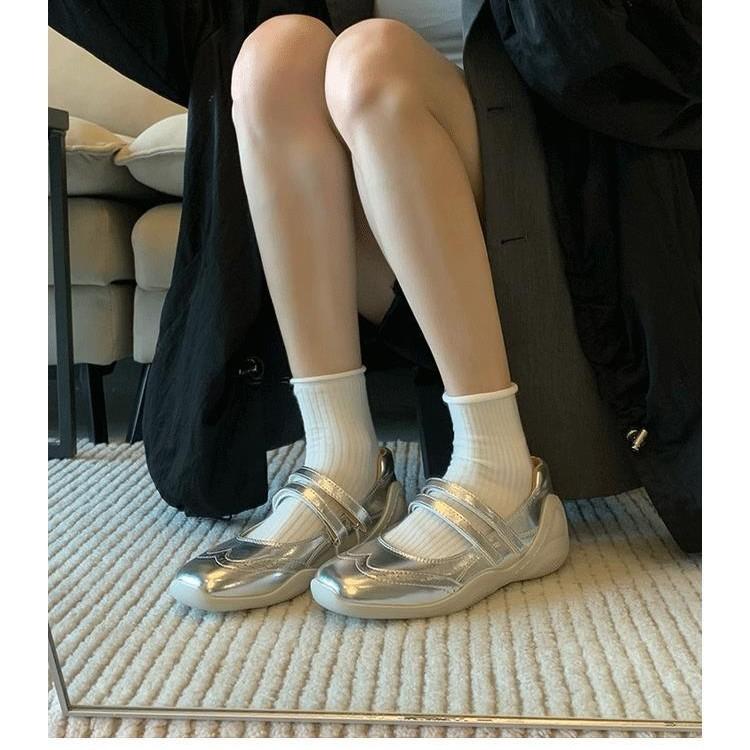 Cowhide version silver ballet sports and leisure shoes flat-soled single shoes women's shallow mouth square head thick sole Mary Jane shoes