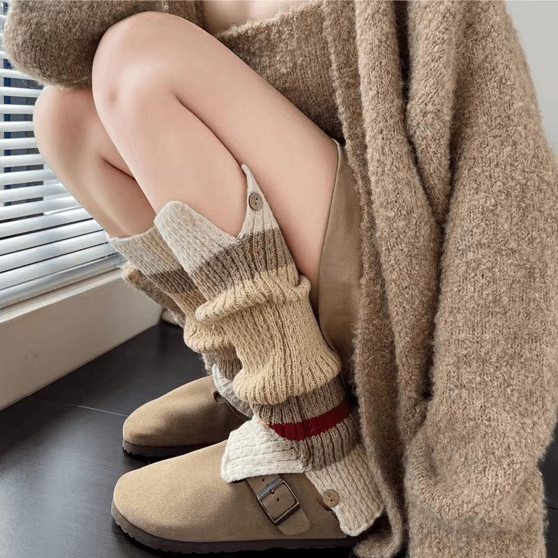 Retro Color-blocked Knitted Hosiery, School Personality, Hot Girl, Striped Slimming, Color-blocking Leg Coverings for Girls