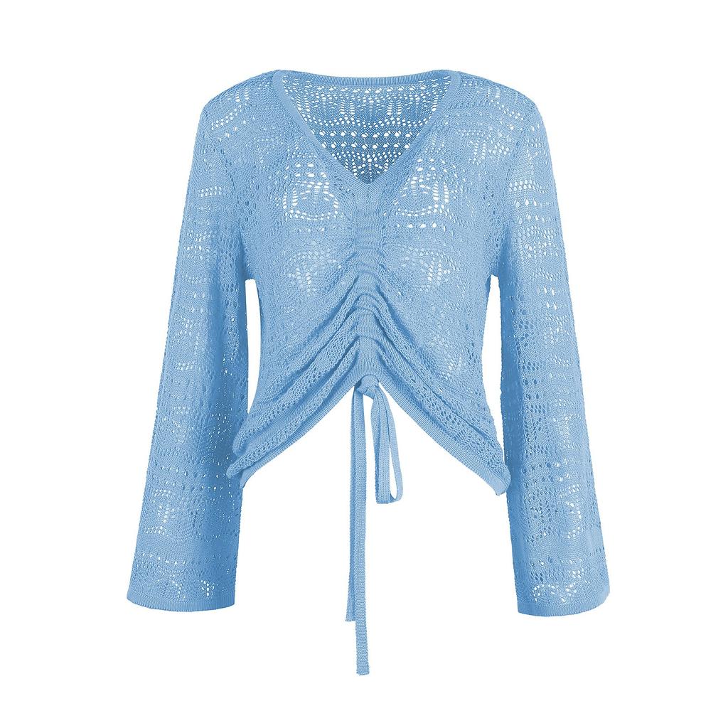 Modischer Strickpullover für Damen mit V-Ausschnitt, ausgehöhltem Kordelzug und ausgestellten Ärmeln