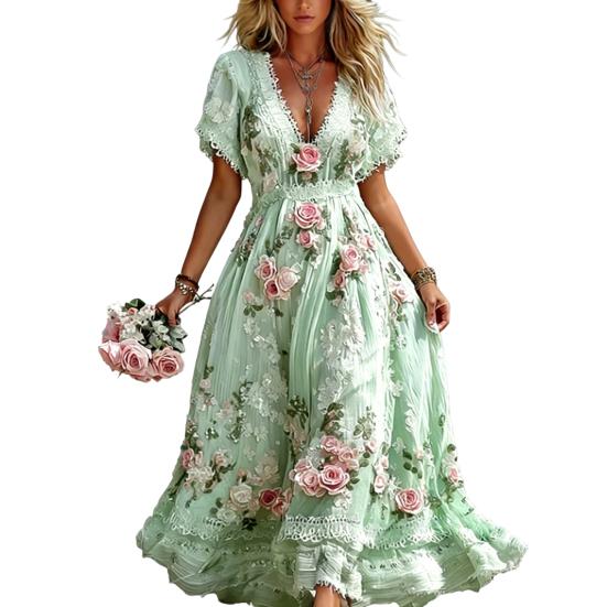 Women's Boho V-Neck Maxi Dress, Floral Print Short Sleeve Casual A-line Dress, Vintage Western Travel Vacation Outfits