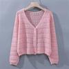 Summer Women's Ice Silk Cardigan Thin Long Sleeve Top Loose V-neck Hollow Out Knitted Sweater