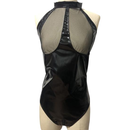 Women Honeymoon Bodysuit Fishnet Faux Leather Patchwork Off Shoulder Bodycon Chain Decor Open Crotch
