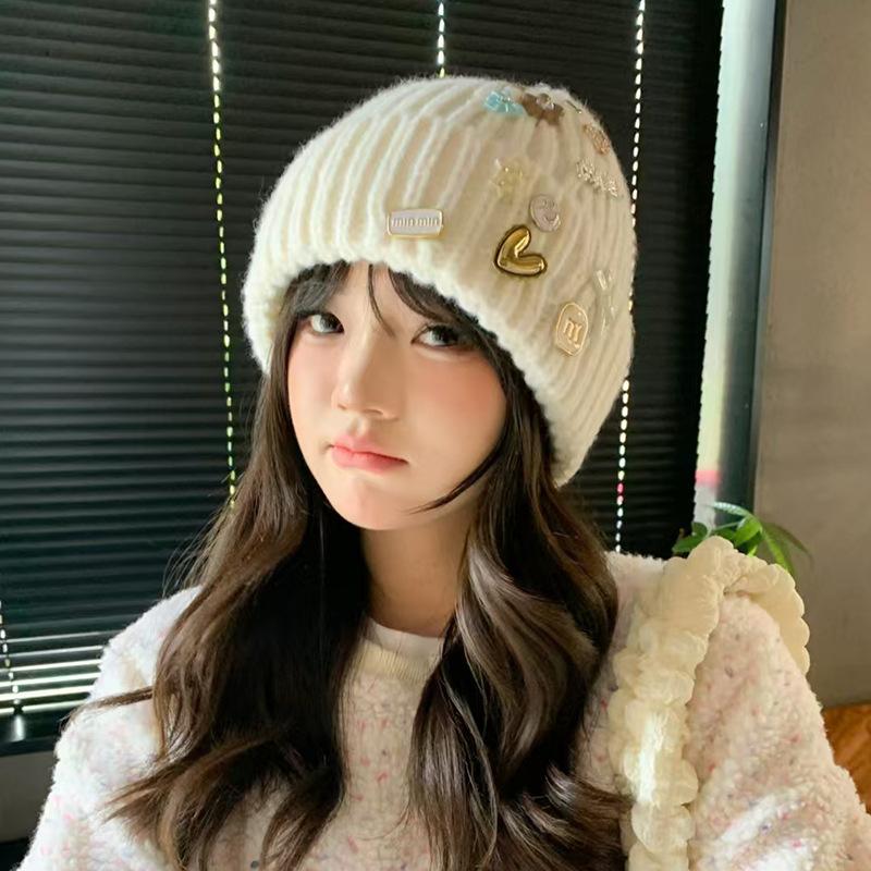Korean version designer knitted hat children's sweet button face small wool hat autumn and winter bag head warm cold hat