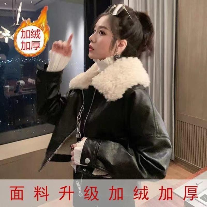 Women's leather jacket, new autumn/winter women's biker leather jacket, short high-waisted jacket, thick for women