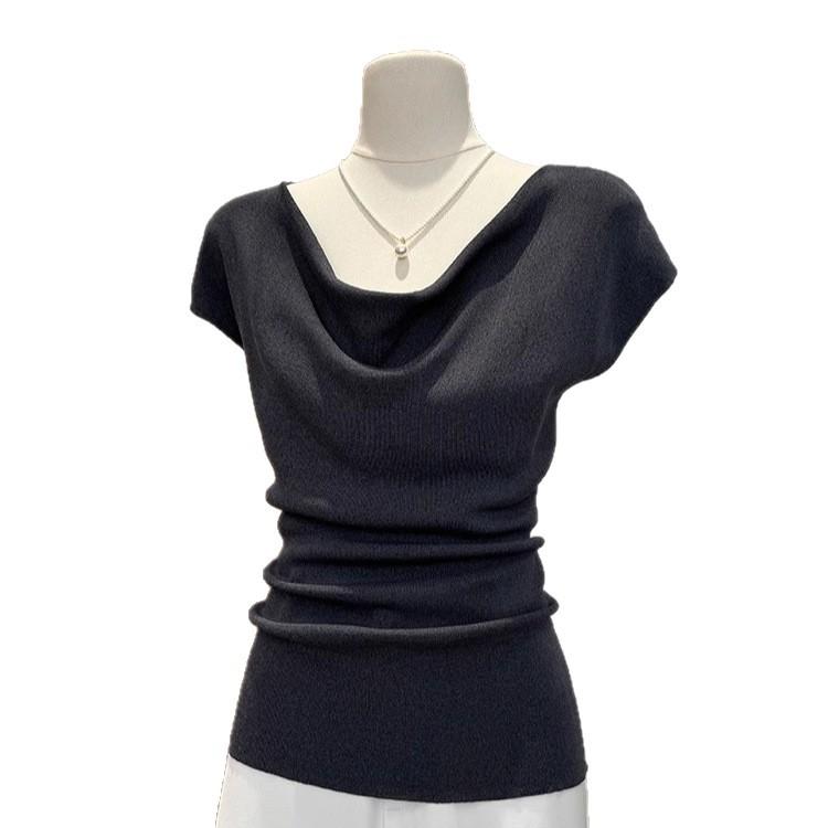 

Вязаный свитер с вырезом-лодочкой, женская футболка с короткими рукавами, тонкий летний стиль с приталенной талией, чтобы выглядеть стройнее и иметь модный дизайн One Size темно серый