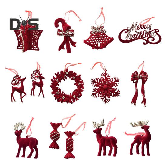 Christmas Ornaments Red Flocking Candy Cane Reindeer Bow Snowflake Hanging Decoration for Tree Home Decor