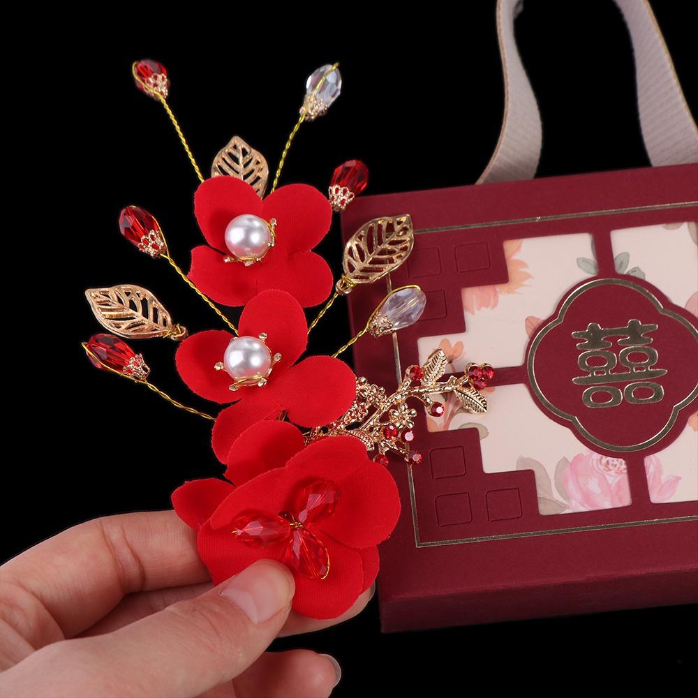 Bride Crystal Red Flower Festival Hairpins Chinese Hanfu Hair Clips Women Barrettes Duckbill Clips