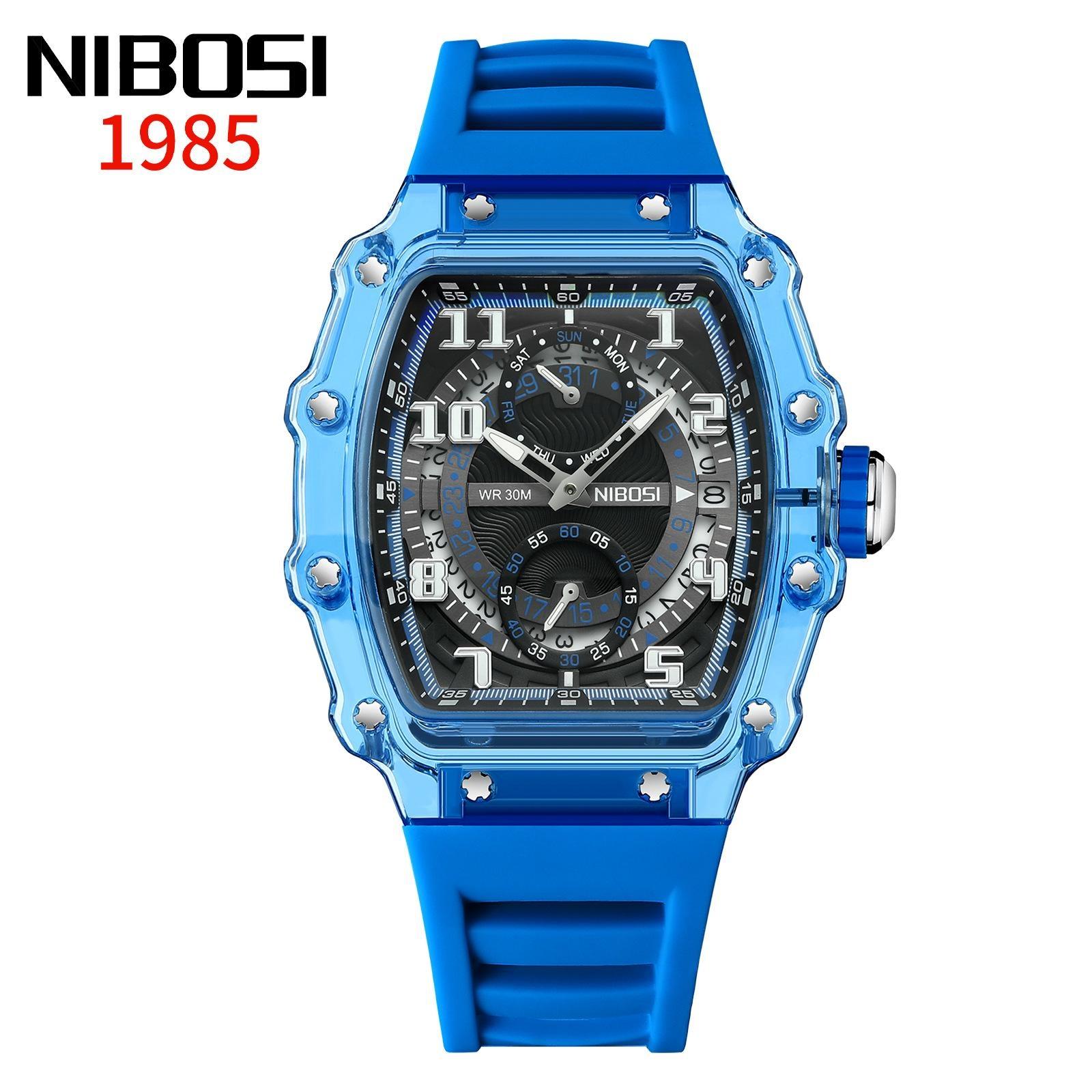 NIBOSI Fashion Hollowed Men Watches Tonneau Transparent Analog Quartz Wristwatch Silicone Strap Calendar Waterproof Watch
