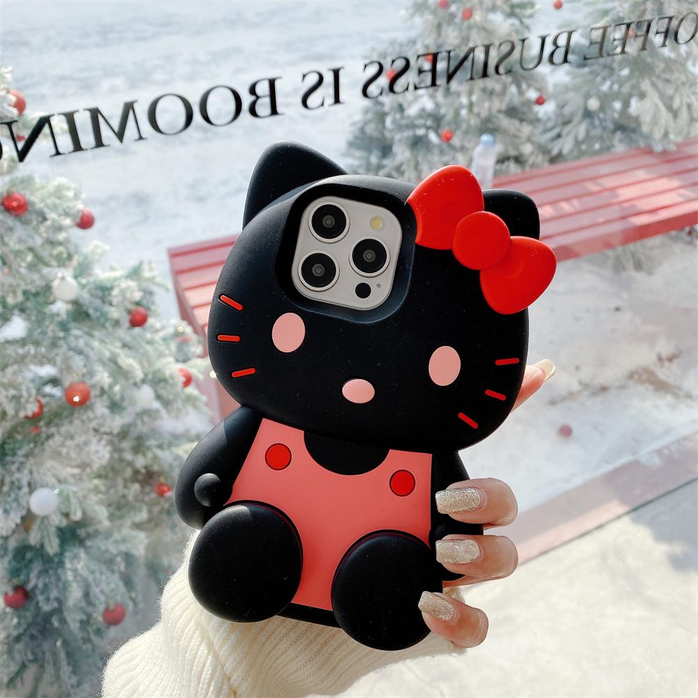 

Sanrio Hello Kitty 3D Cartoon Bow Kawaii Holder Case For iPhone 11 12 13 14 15 16 Pro Max Plus Mini Y2K Anti Fall Silicone Cover For iPhone 11 чорний