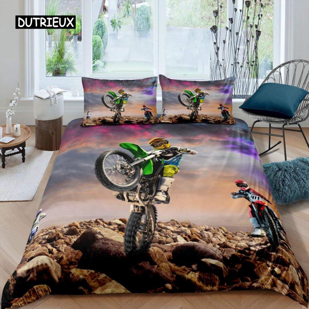 3D Motocross Rider Duvet Cover Set Microfiber Red Black Dirt Bike Extreme Sports Theme Motorcycle Pattern Bedding Set King Size