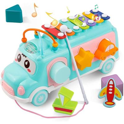 Intellectual Xylophone Toys with Shape Sorter for Baby Girl Boy Push & Pull School Bus Openable Doors Educational Music Toys