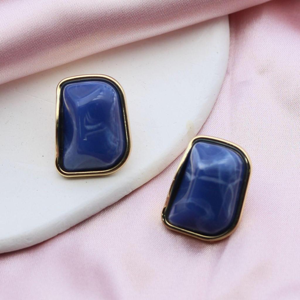 Real Gold Retention S925 Silver Amber Stud Earrings - Versatile Geometric Retro Design