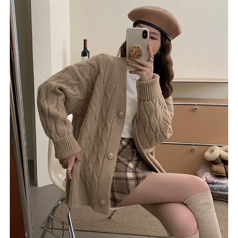 Twist Solid Color Sweater Jacket Women's Autumn and Winter New Thickened Loose V-neck Outer Wear Lazy Wind Knitted Cardigan