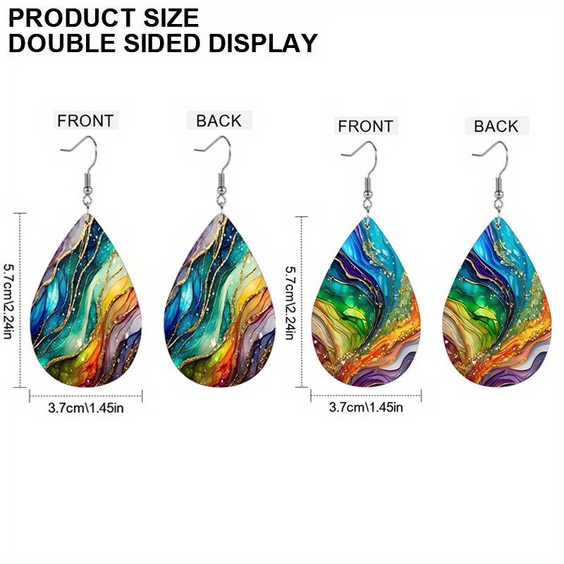 Colorful Pleated Marble Pattern PU Leather Earrings for Women Gorgeous Fashionable Earrings Double Sided Teardrop Earrings