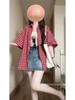 Women's Red Plaid Short-Sleeve Polo Collar Shirt - Summer Loose-Fit Casual Cardigan Top, Versatile Style