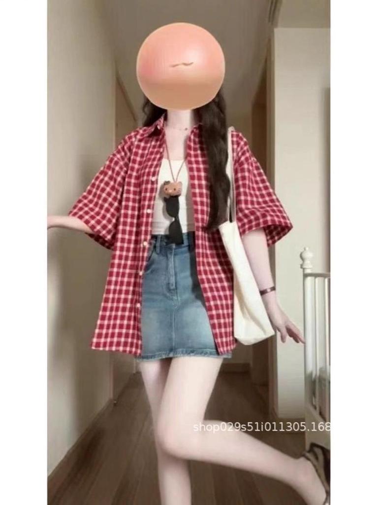 Women's Red Plaid Short-Sleeve Polo Collar Shirt - Summer Loose-Fit Casual Cardigan Top, Versatile Style