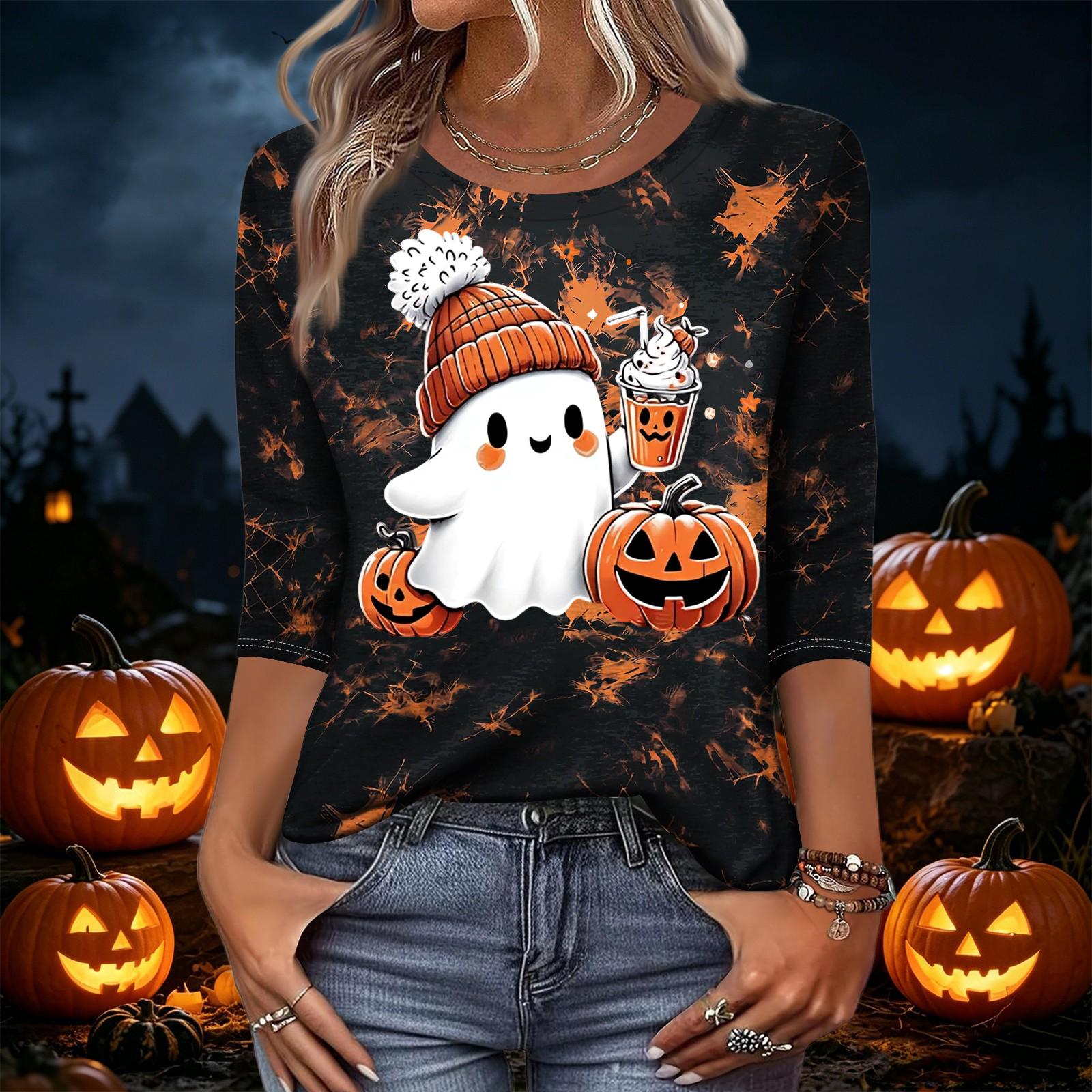 Women s Casual Halloween Print Three-Quarter Sleeve Round Neck Top L