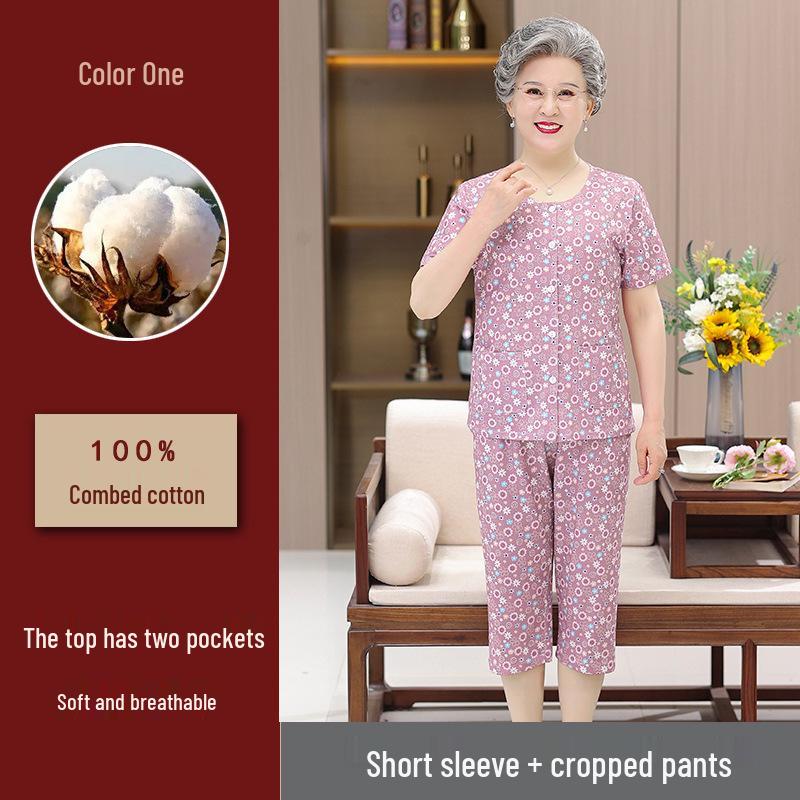 

Grandma Summer Cotton Two-Piece Suit: Lightweight Long-Sleeved Pajamas for Middle-Aged and Elderly Women 3XL (115-135 jin)
