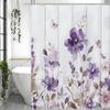 Purple Crushed Shower Curtain, Abstract Watercolor Floral Botanical Butterfly Rustic Farmhouse Bathroom Decorative Shower Curtai